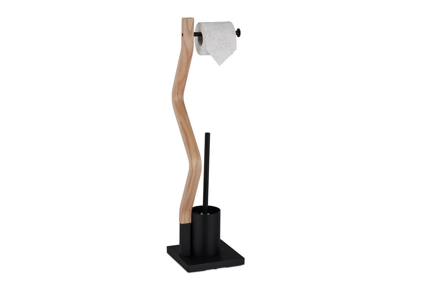 relaxdays Toilettenpapierhalter WC Garnitur Stahl & Holzoptik Schwarz - Bild 2