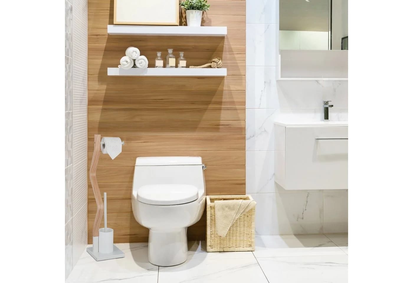 relaxdays Toilettenpapierhalter WC Garnitur Stahl & Holzoptik Weiß/Natur