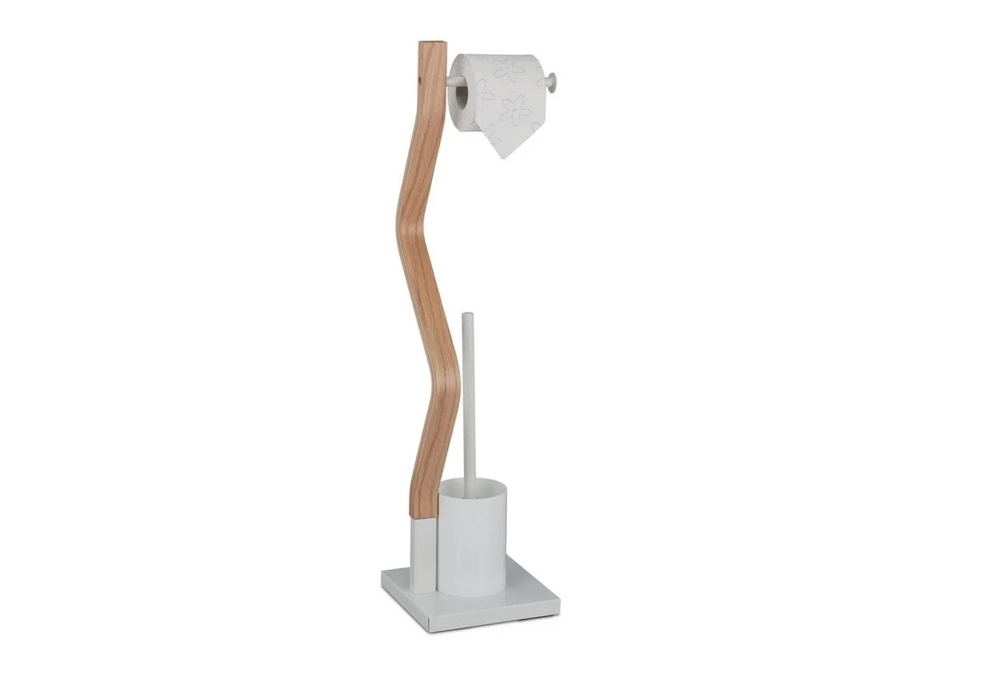 relaxdays Toilettenpapierhalter WC Garnitur Stahl & Holzoptik Weiß/Natur - Bild 2