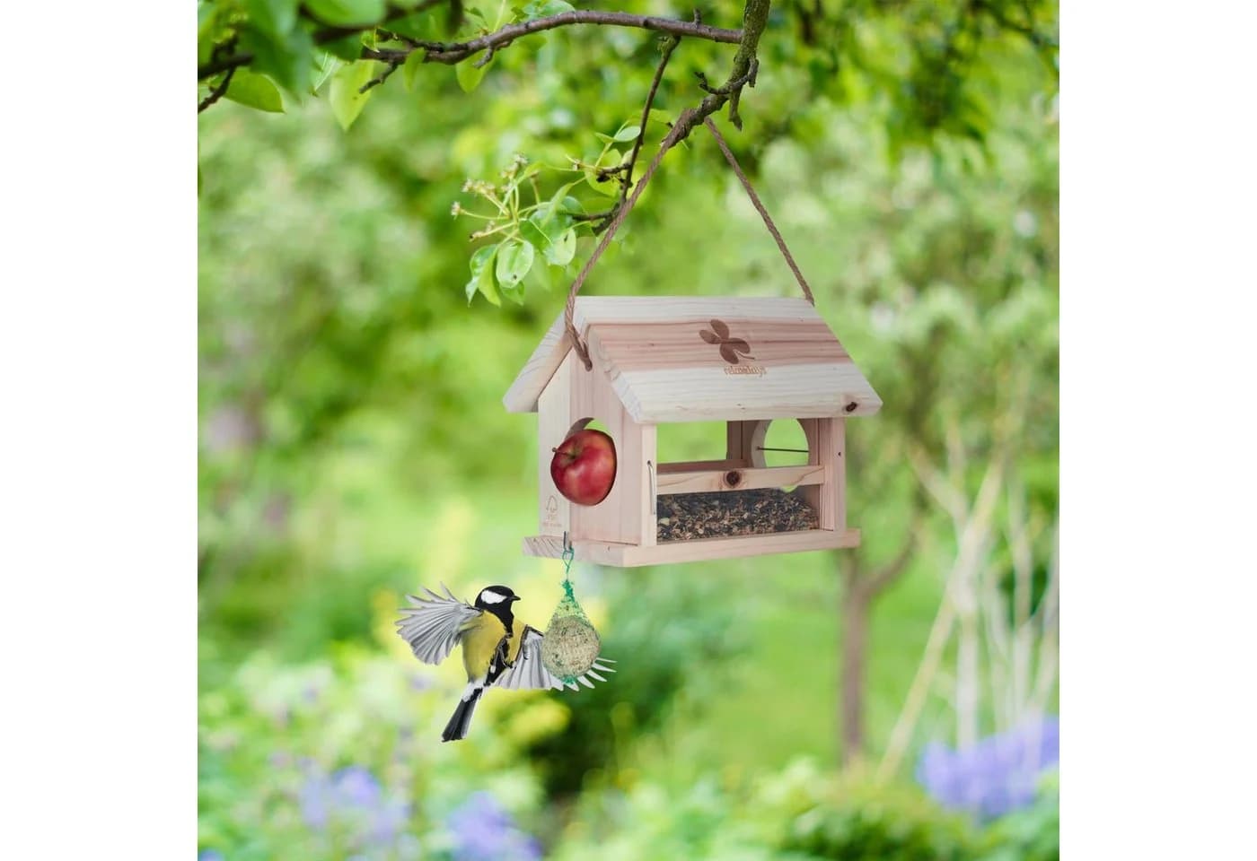 relaxdays Vogelhaus aus Naturholz mit Meisenknödelhalter