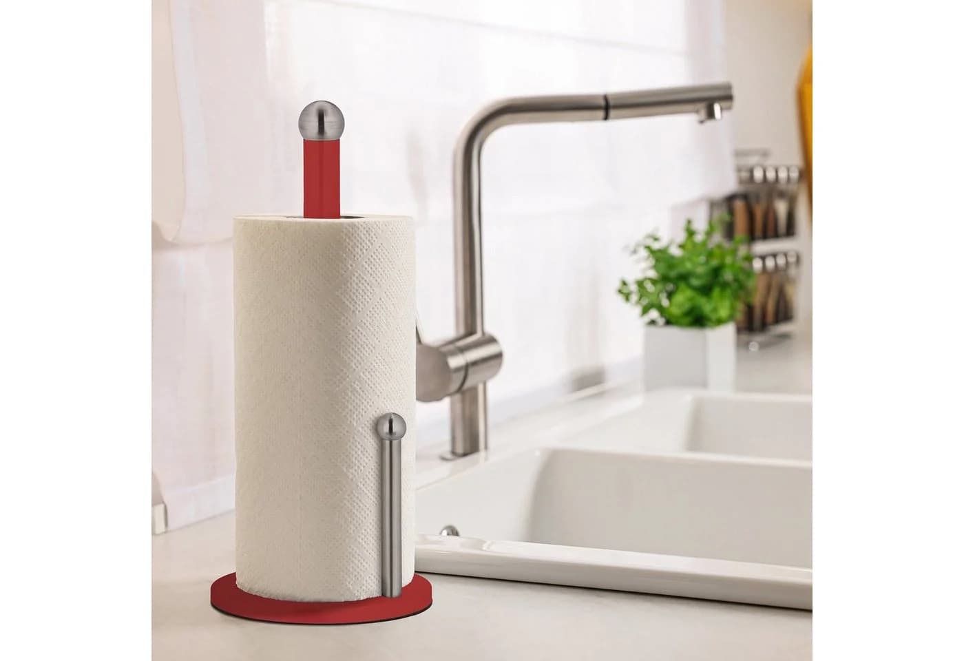 relaxdays Küchenrollenhalter mit Abrollstop Rot/Silber
