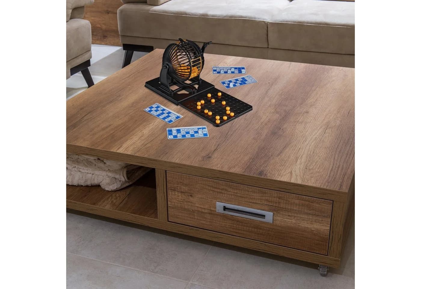 relaxdays Bingo-Spiel Set mit Lostrommel Schwarz/Orange/Gold