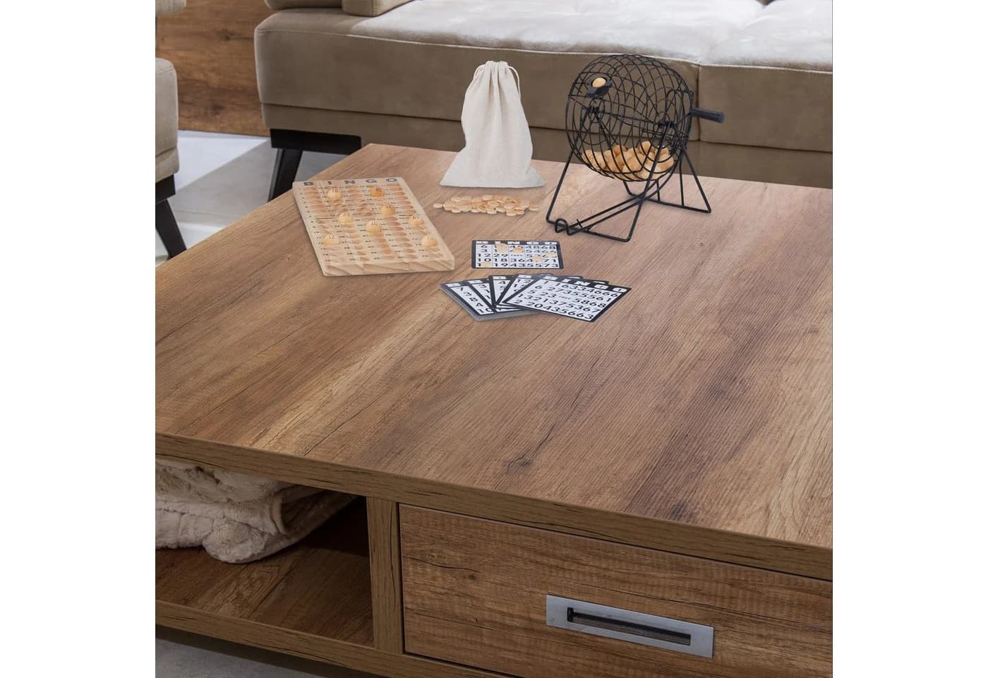 relaxdays Bingo-Spiel Set aus Holz mit Trommel und 18 Karten