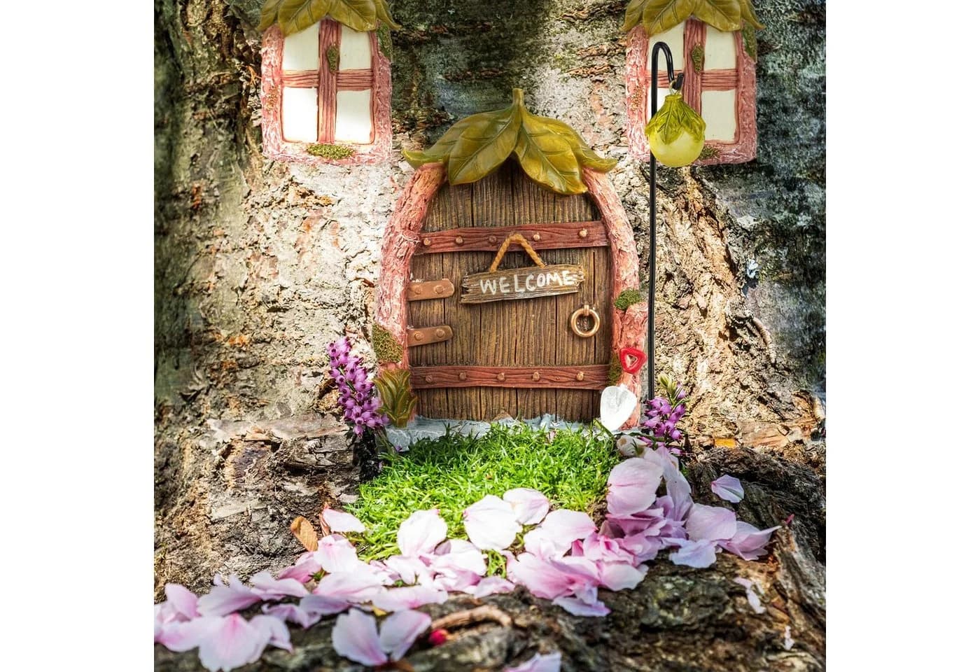 relaxdays Feentür Set Blätterdach Gartenfigur Bunt Kunststein
