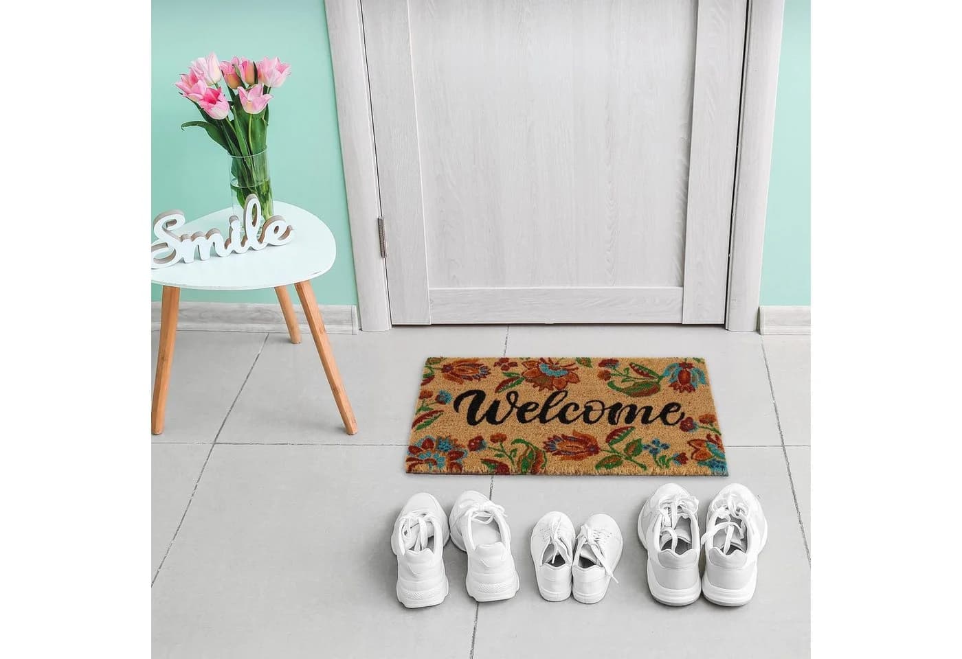 relaxdays Fußmatte Kokos Welcome Blumenmuster