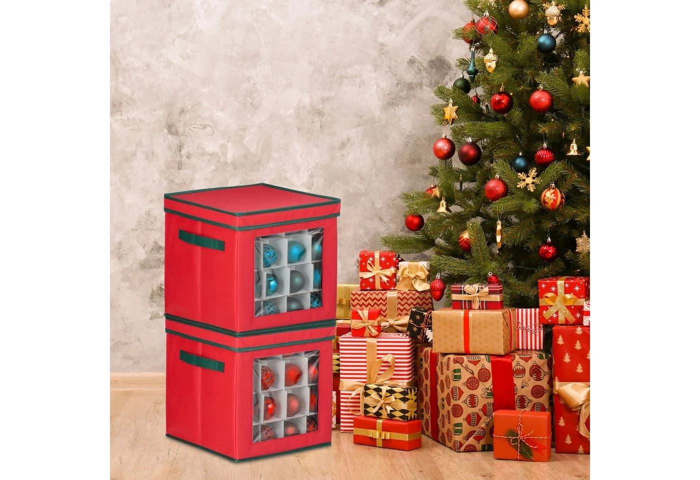 relaxdays Weihnachtskugel Aufbewahrungsbox 2er Set Rot Grün