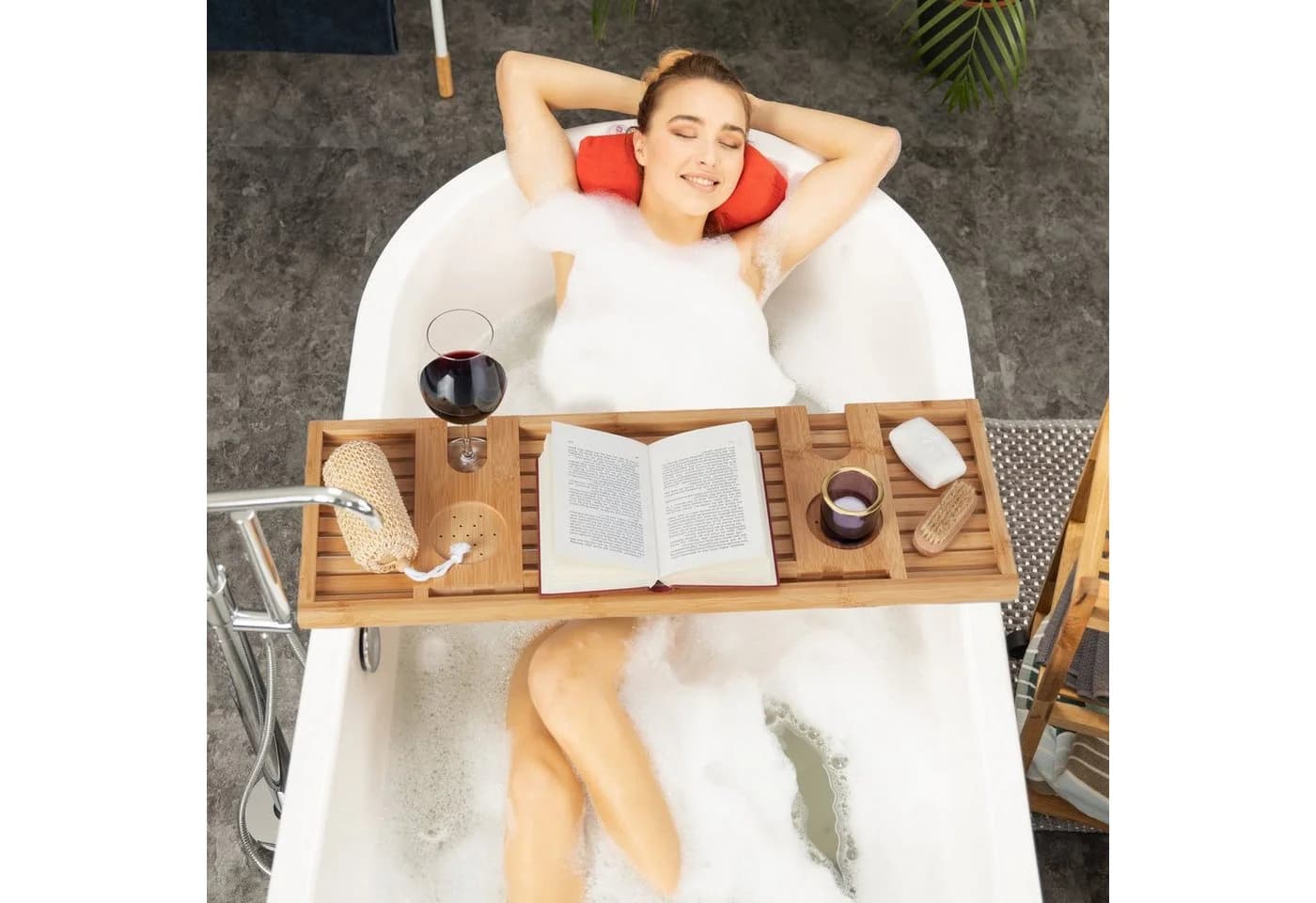 relaxdays Badewannenablage Bambus Natur mit Weinglashalter - Bild 3