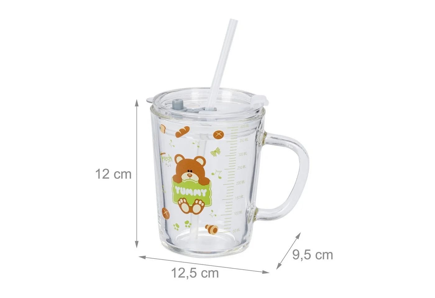 relaxdays Kinderbecher 2er Set mit Bärenmotiv, Glas, Henkel, Deckel & Strohhalm - Bild 4
