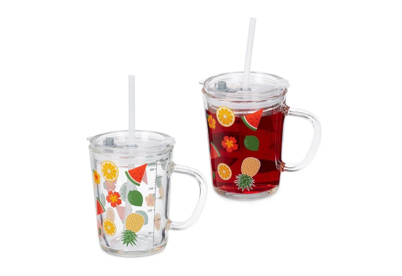 relaxdays Kinderbecher 2er Set mit Henkel, Deckel & Strohhalm, Glas, orange/rot - Bild 2