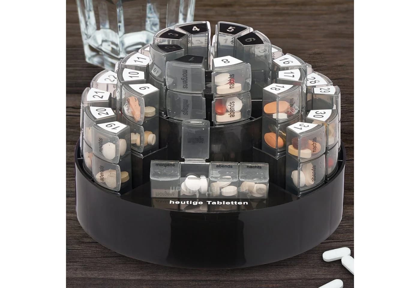 relaxdays Pillendose Tablettenbox 31 Tage 4 Fächer Schwarz