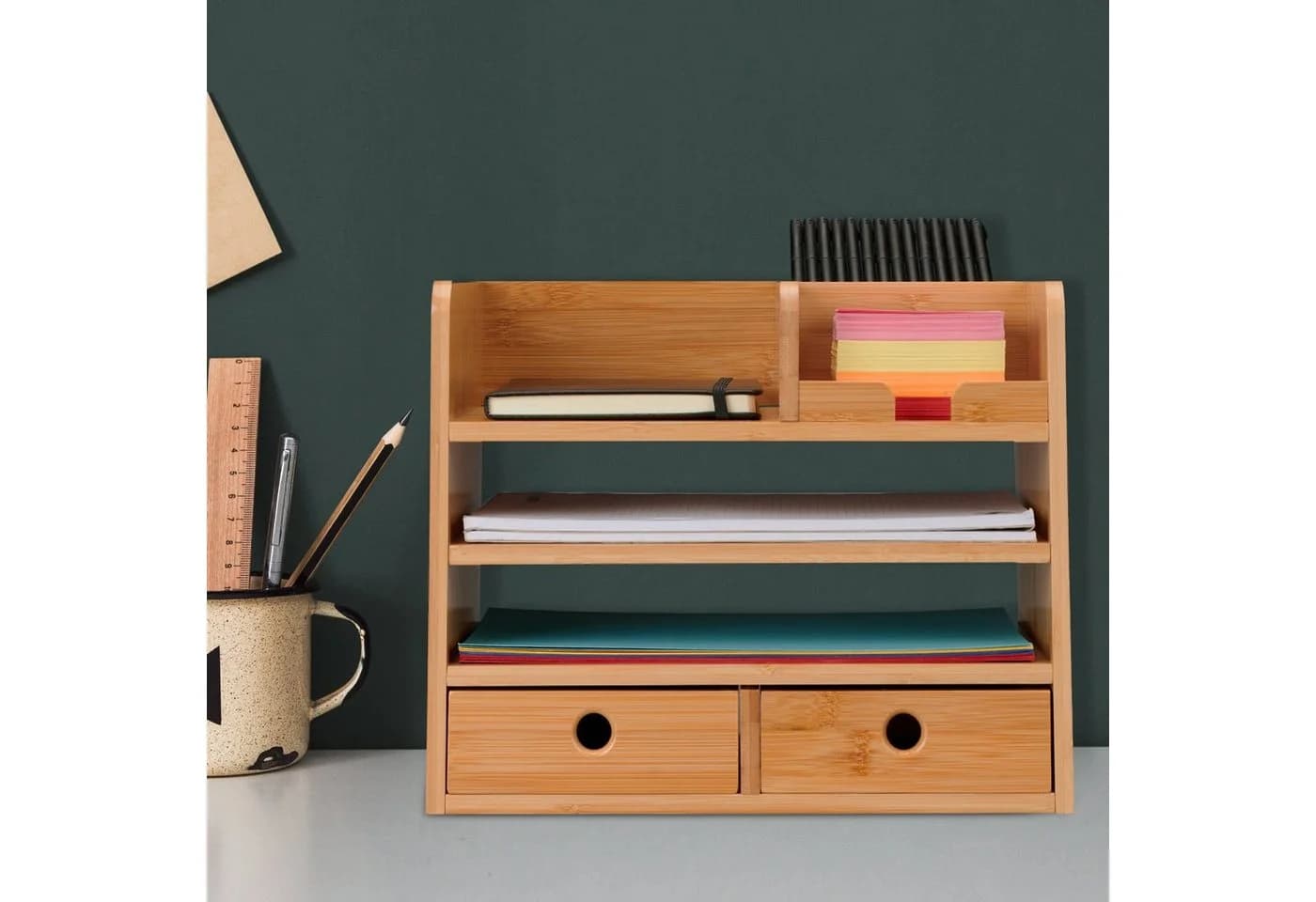 relaxdays Schreibtisch-Organizer mit 2 Schubladen Bambus
