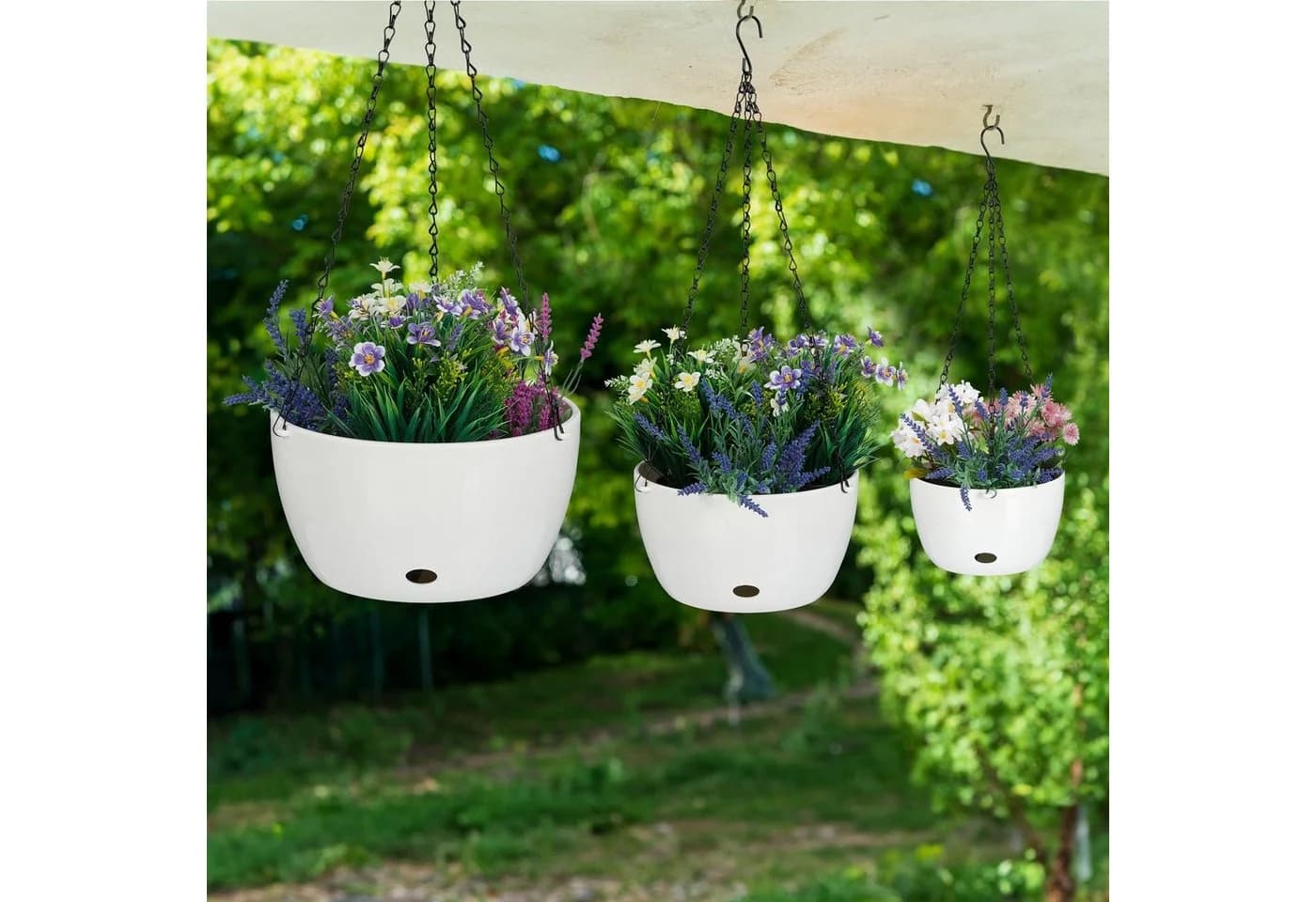 relaxdays Blumenampel mit Wasserspeicher 3er Set Weiß/Schwarz - Bild 5