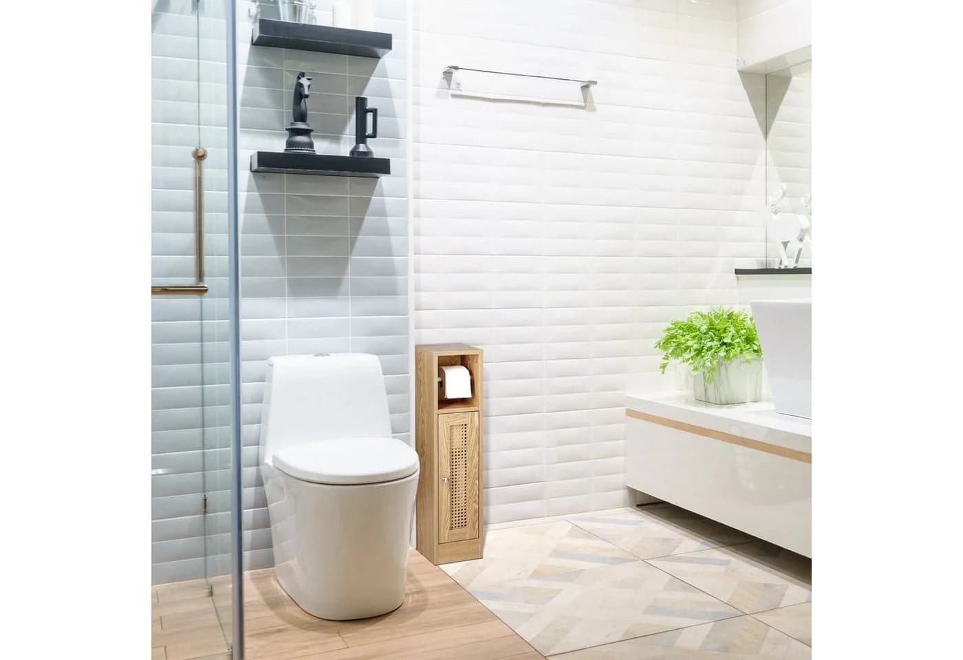 relaxdays Toilettenpapierhalter stehend Holzoptik Braun mit Rattan - Bild 1