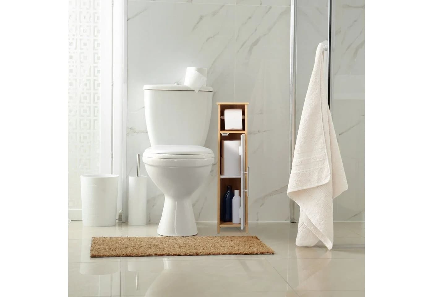relaxdays Toilettenpapierhalter stehend Holzoptik Weiß/Bambus - Bild 5