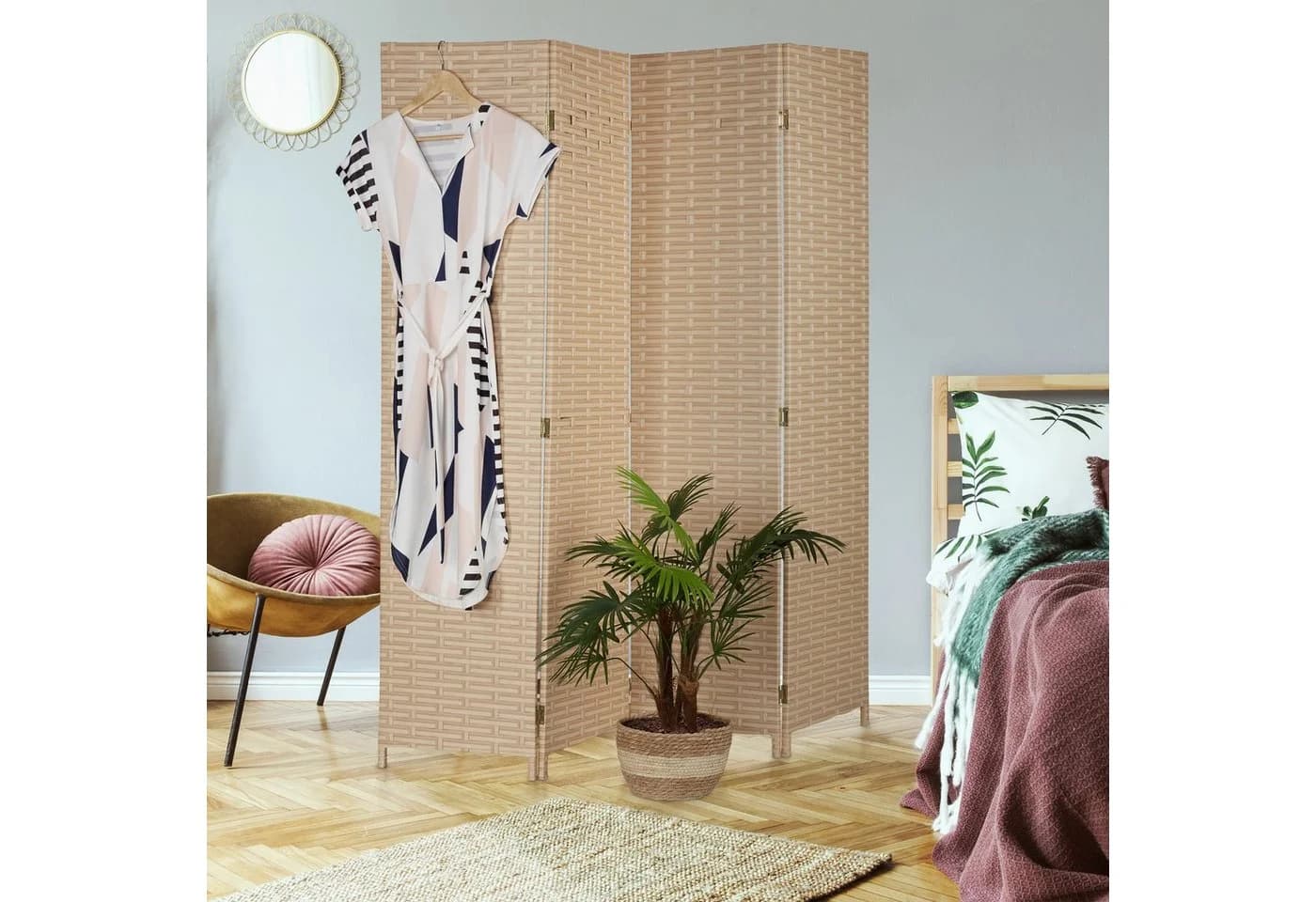 relaxdays Paravent 4-teilig Hellbraun Geflochten