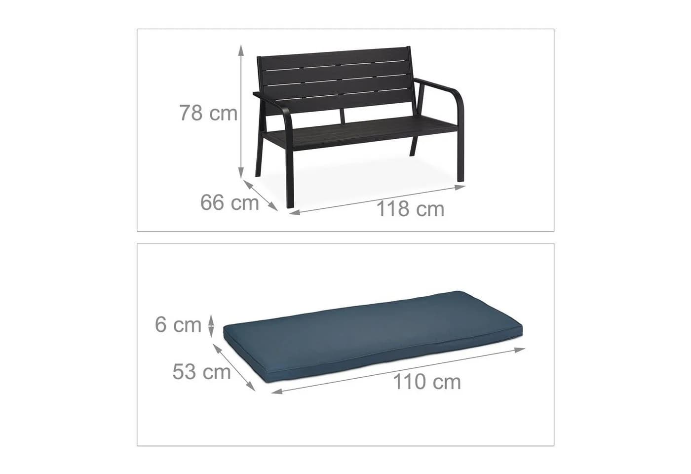 relaxdays Gartenbank mit Sitzauflage Schwarz Anthrazit - Bild 4