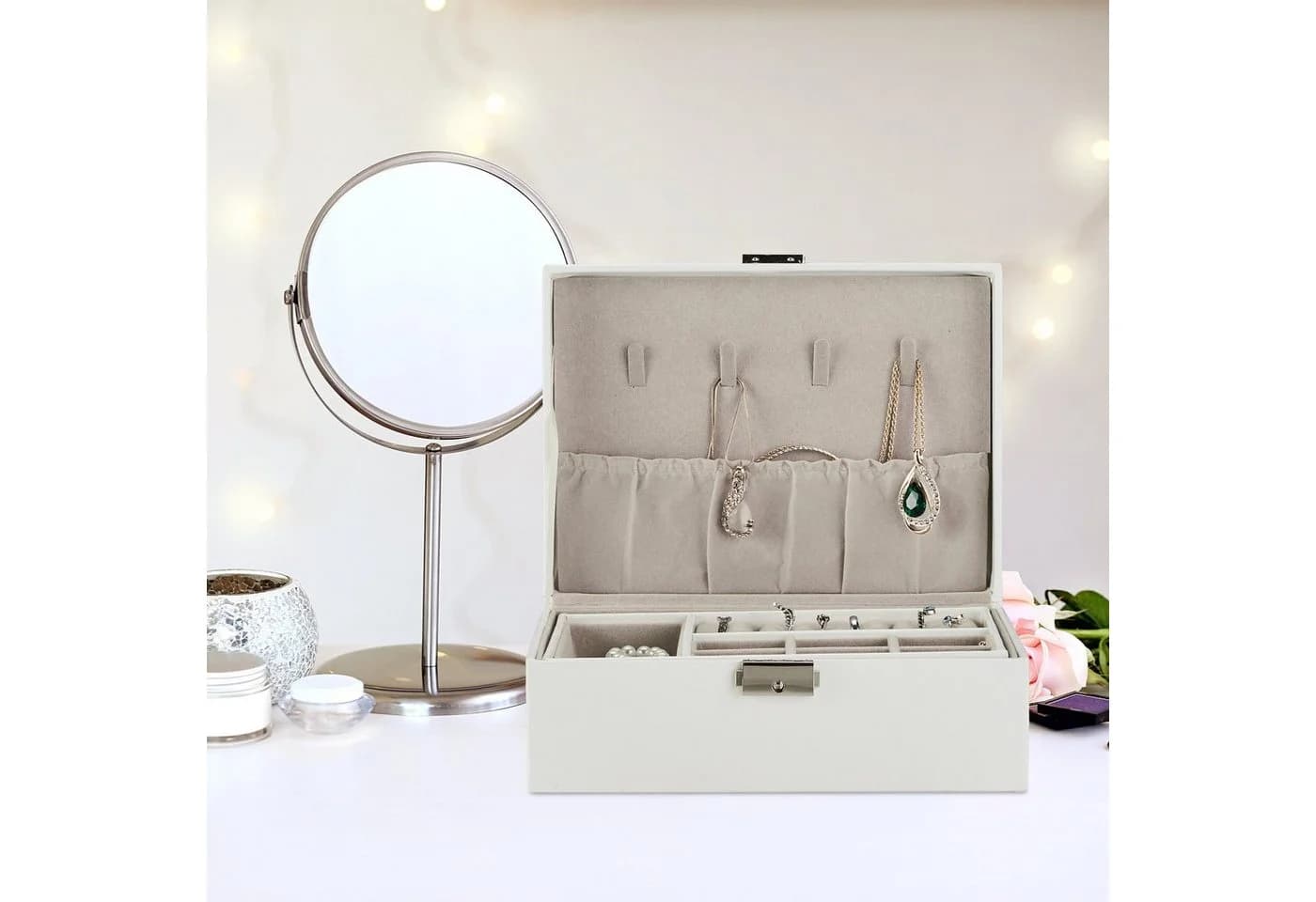 RELAXDAYS Schmuckkasten Weiß/Beige Silber Lederoptik mit Fächern
