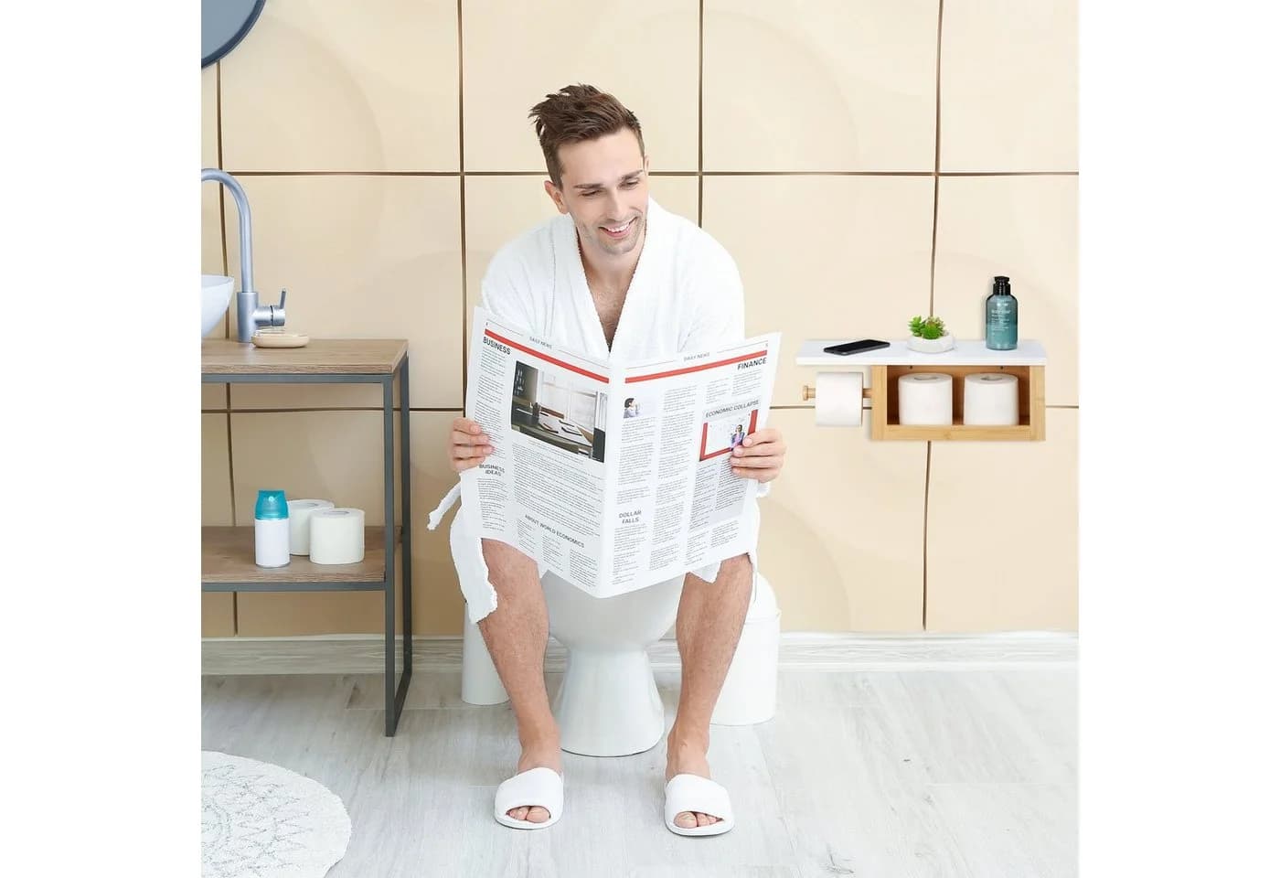 relaxdays Toilettenpapierhalter Bambus mit Ablage - Bild 3