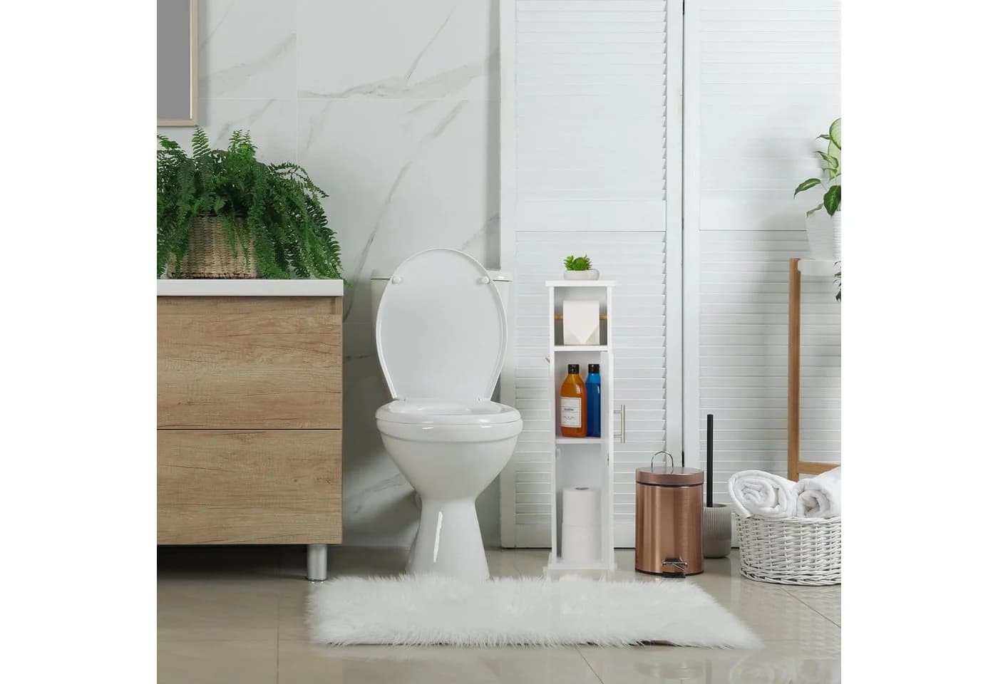 relaxdays Toilettenpapierhalter stehend Weiß mit Bambushalter