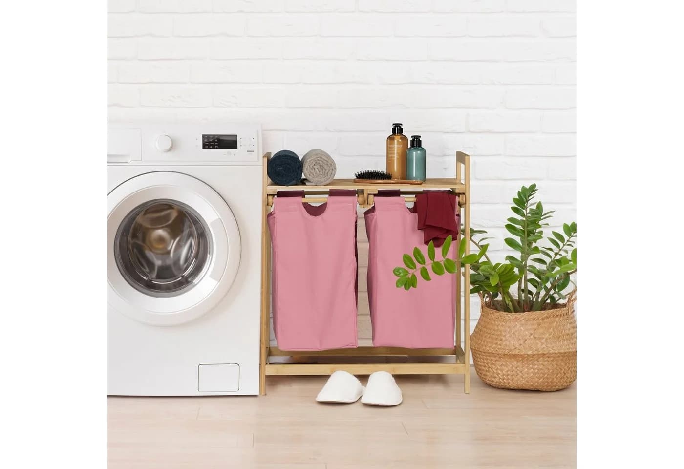 relaxdays Wäschekorb Regal Bambus Rosa