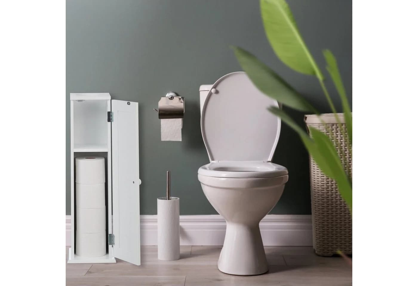 relaxdays Badregal Schmaler Toilettenschrank Weiß mit 2 Ablagen