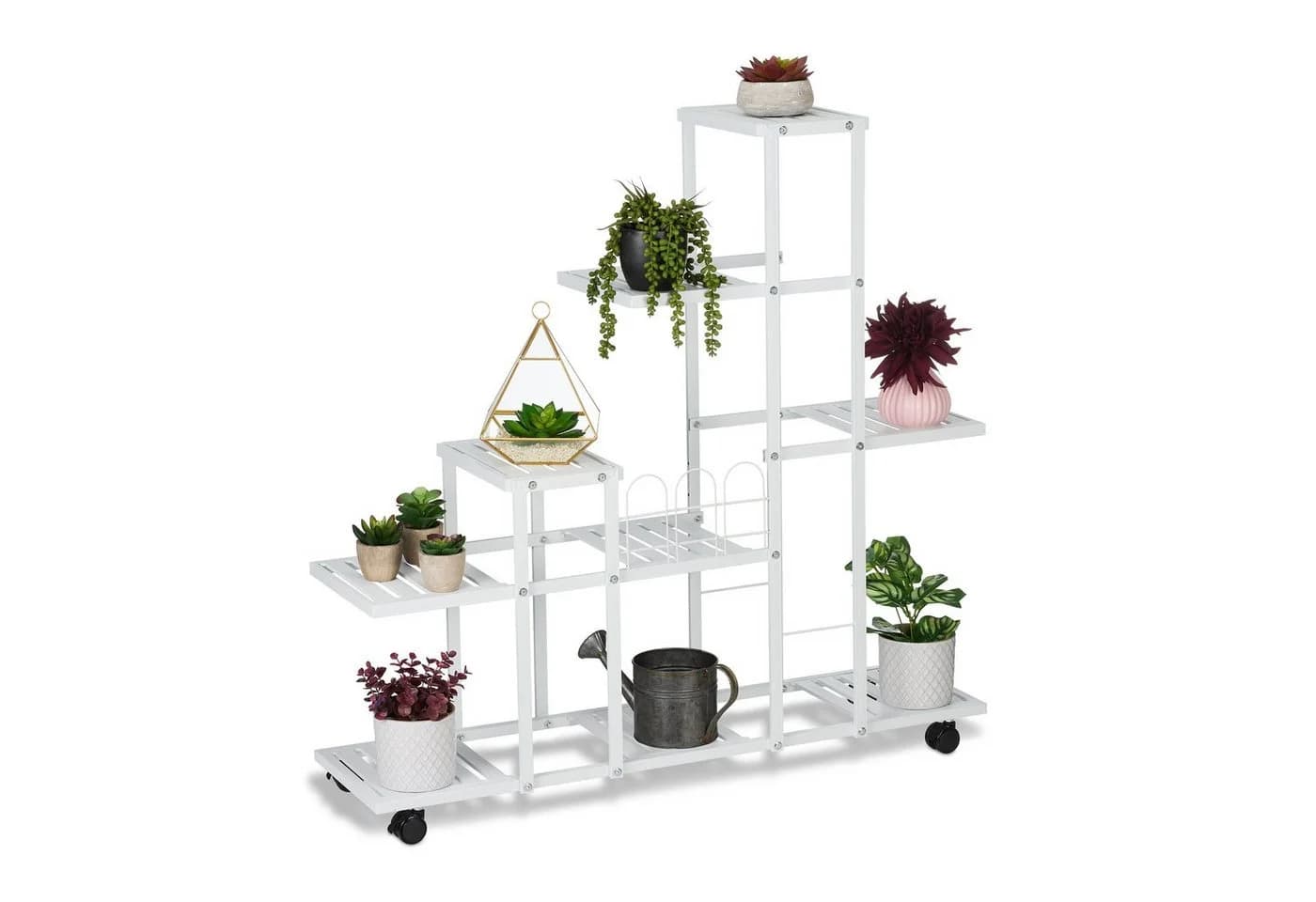 relaxdays Pflanzentreppe Weißer Blumenständer mit Rollen - Bild 2