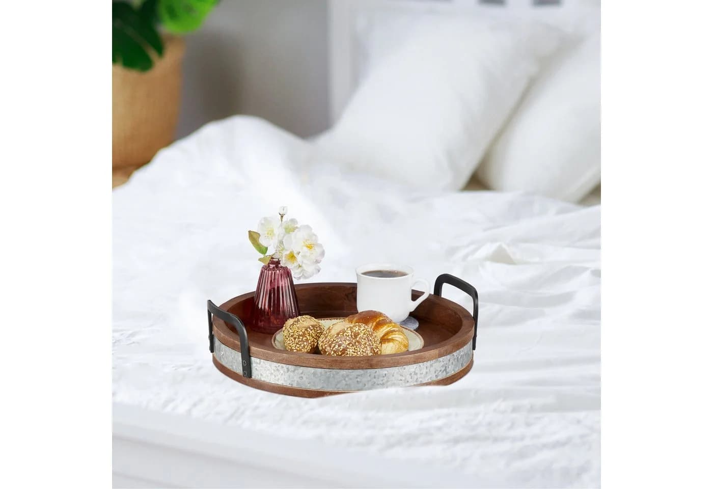 relaxdays Dekotablett Mangoholz mit Metallrand Braun/Silber/Schwarz