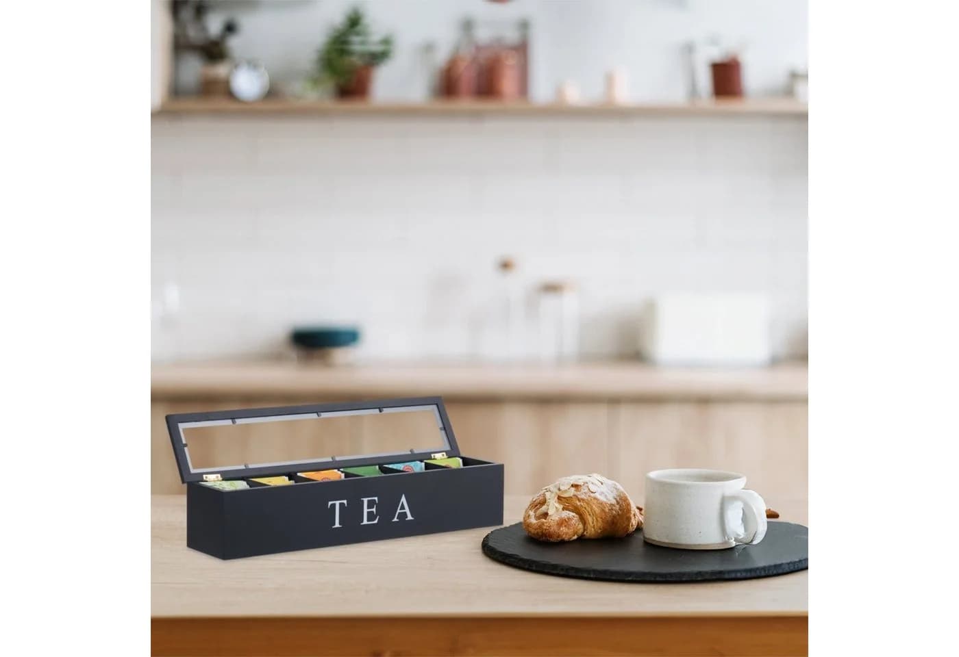 relaxdays Bambus Teebox mit 6 Fächern Schwarz Transparent