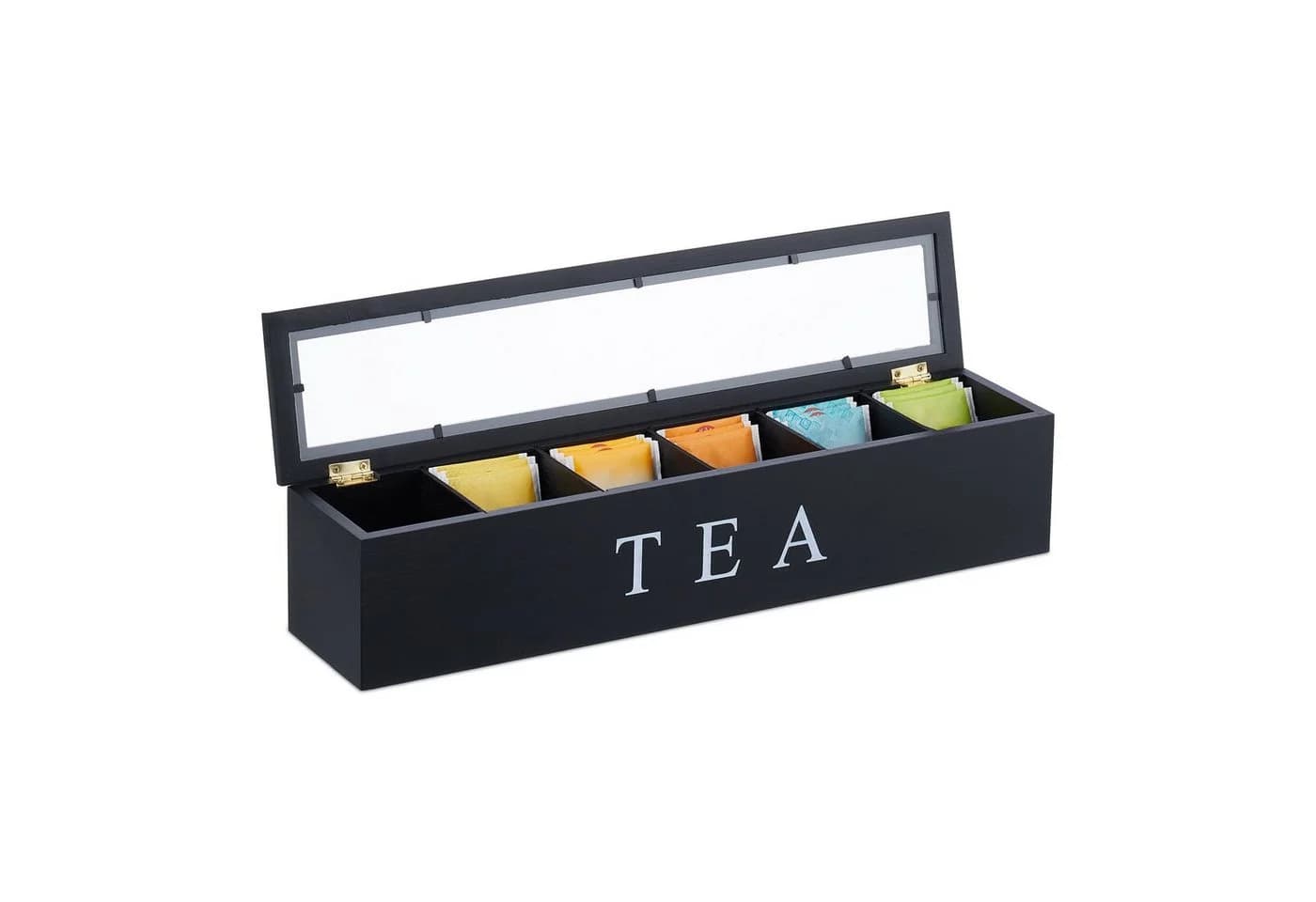 relaxdays Bambus Teebox mit 6 Fächern Schwarz Transparent - Bild 2