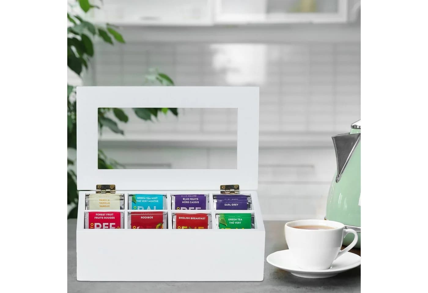 relaxdays Teebox Weiß 8 Fächer Bambus Organizer