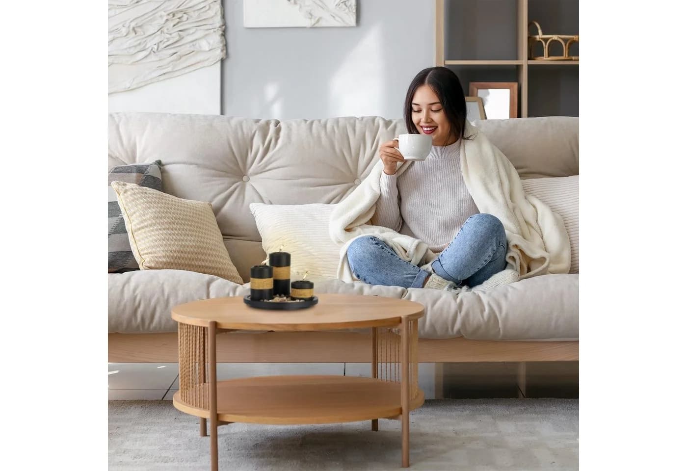 relaxdays Teelichthalter mit Tablett & Steine Schwarz/Braun Modern - Bild 3