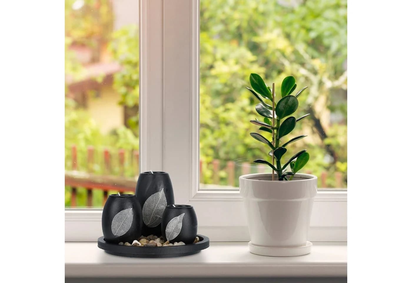 relaxdays Teelichthalter mit Tablett & Steine Schwarz Braun