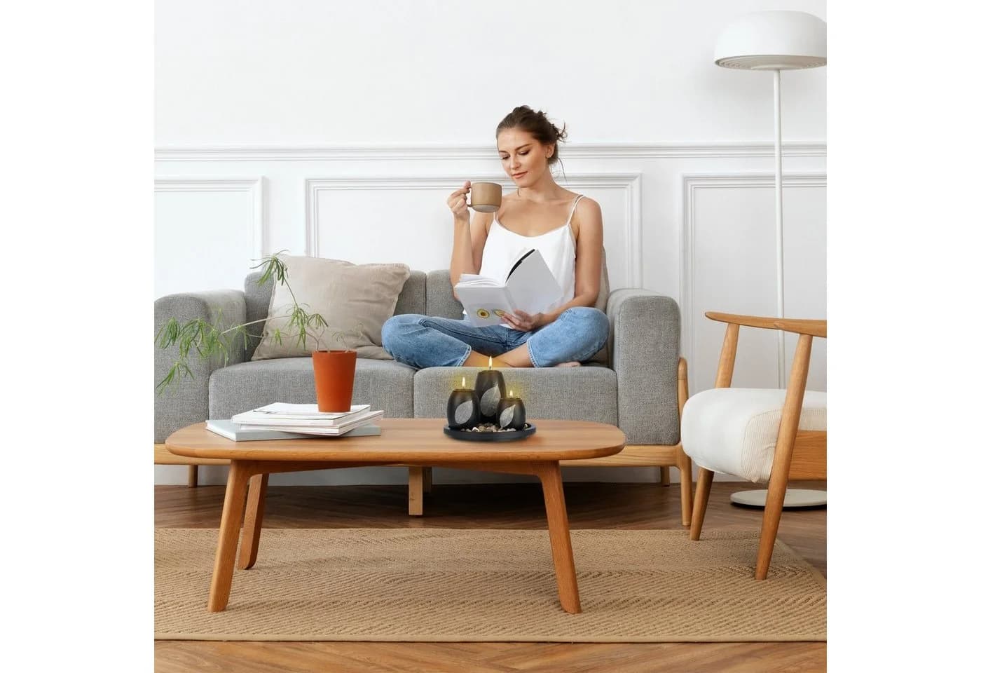relaxdays Teelichthalter mit Tablett & Steine Schwarz Braun - Bild 3