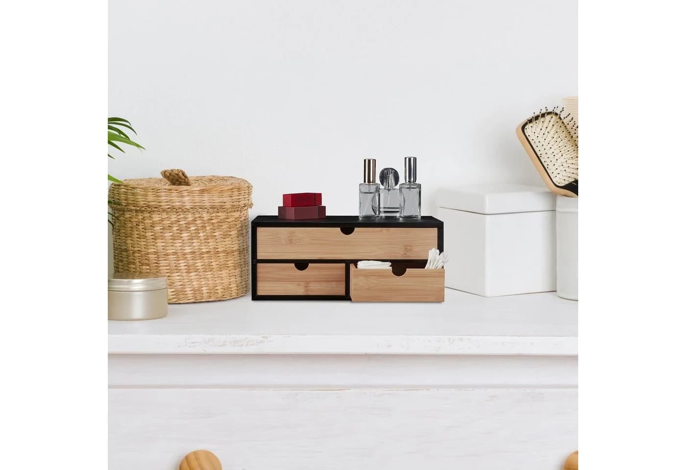 relaxdays Schreibtisch Organizer mit 3 Schubladen Schwarz/Braun Bambus