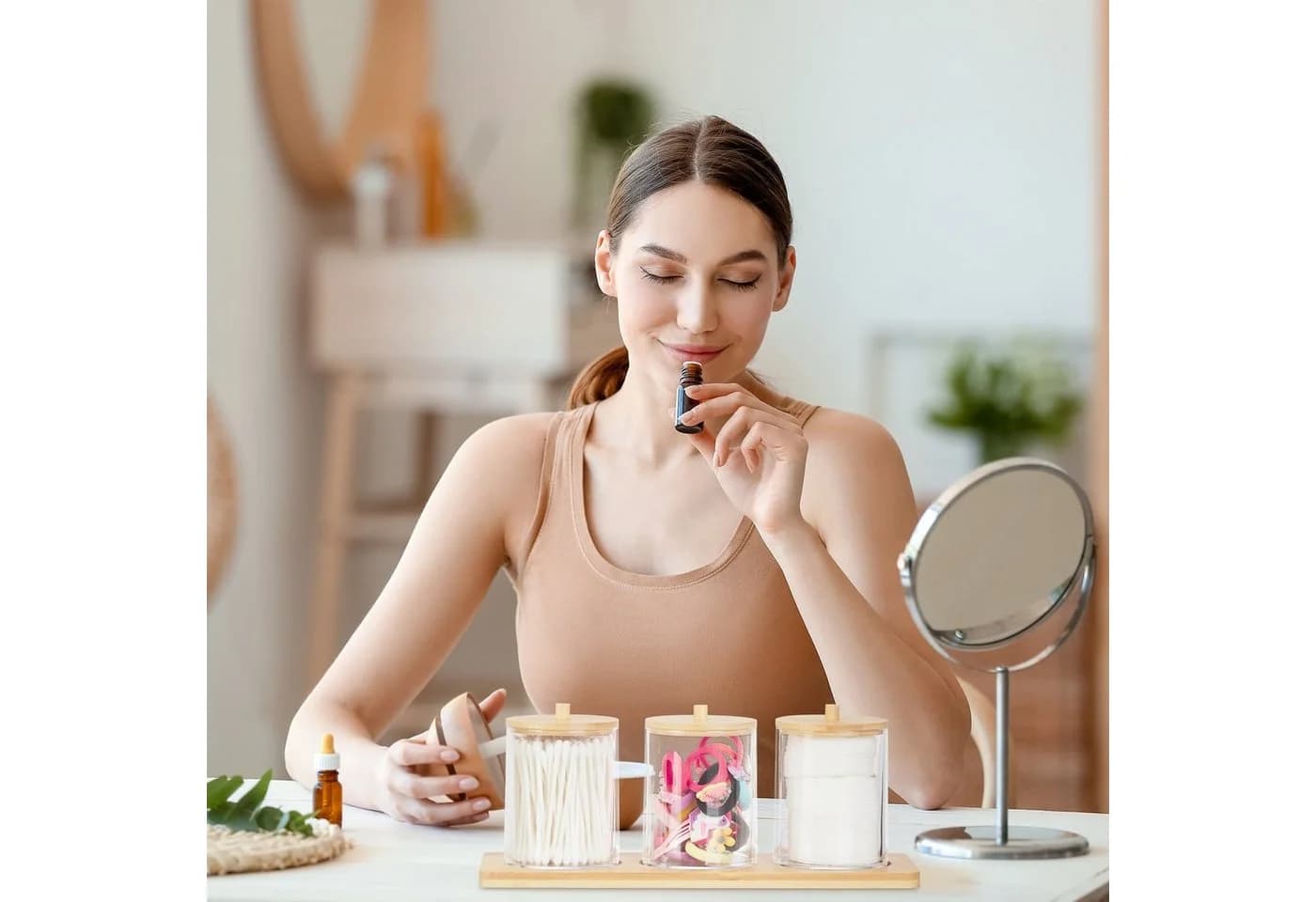 RELAXDAYS Make-Up Organizer mit Bambusdeckel und Tablett Transparent - Bild 3