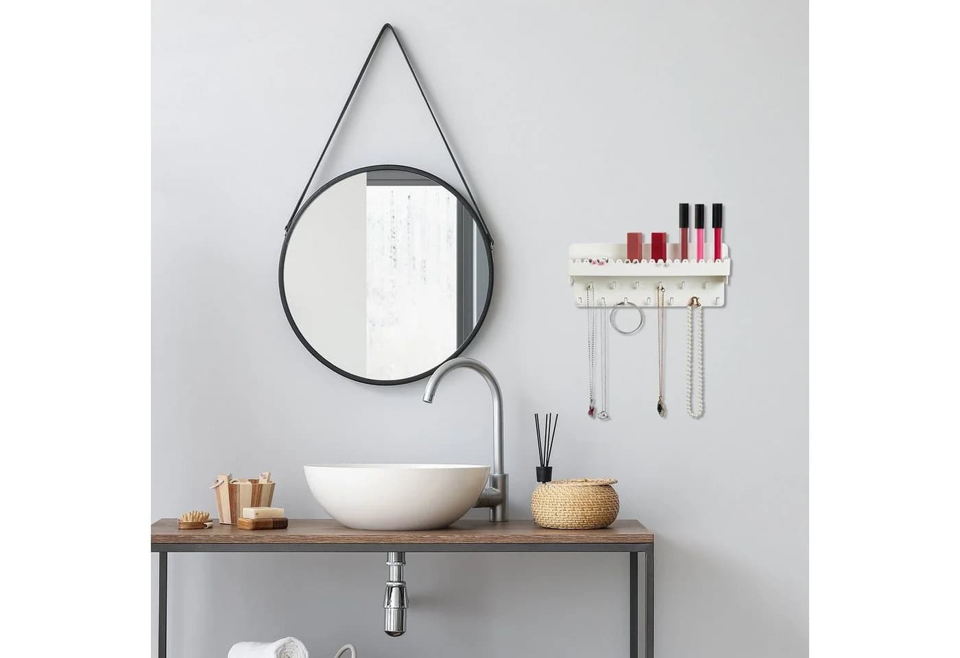 relaxdays Schmuckhalter Wand Weiß mit 13 Haken & Ablage - Bild 5