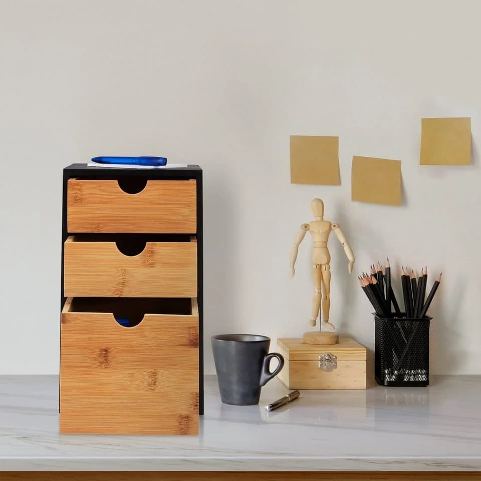 relaxdays Organizer Schubladenbox 3 Fächer Bambus Schwarz
