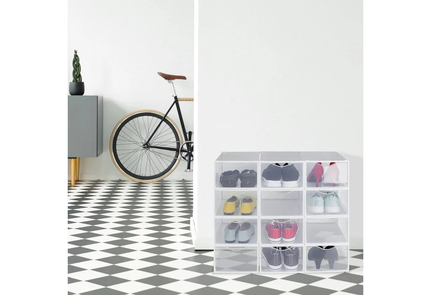 relaxdays Schuhbox 12er Pack Transparent Weiß Stapelbar