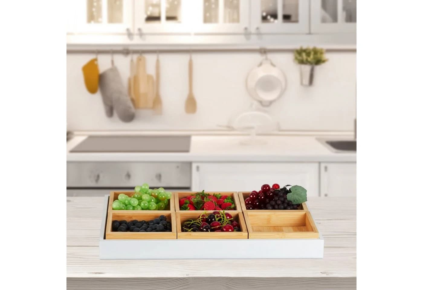 relaxdays Snackschale Set mit Serviertablett Bambus 6-teilig