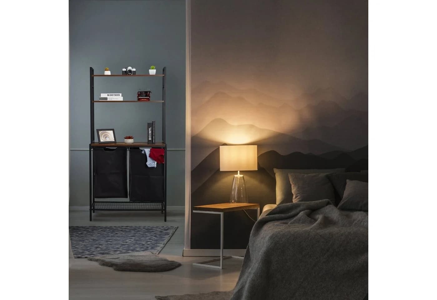 relaxdays Wäschekorbregal Schwarz/Braun Industrial Design
