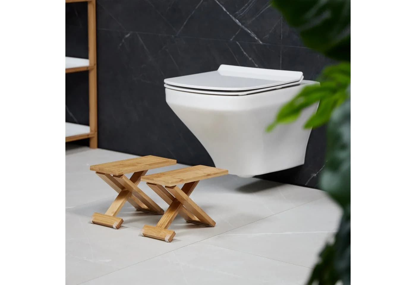relaxdays Badhocker Klappbar 2-teilig Bambus Höhenverstellbar Natur