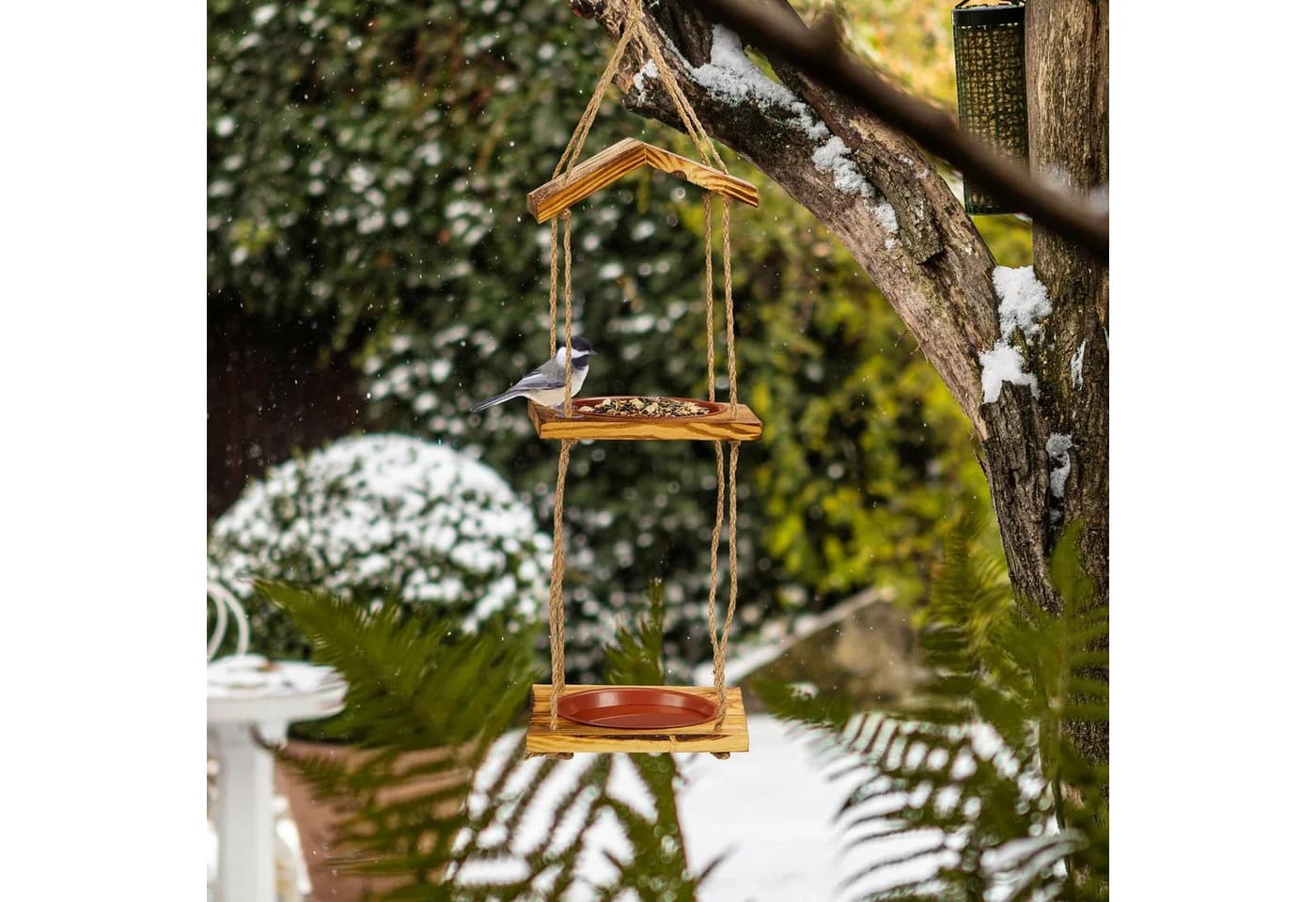 relaxdays Vogelfutterstation mit 2 Schalen Tannenholz - Bild 3