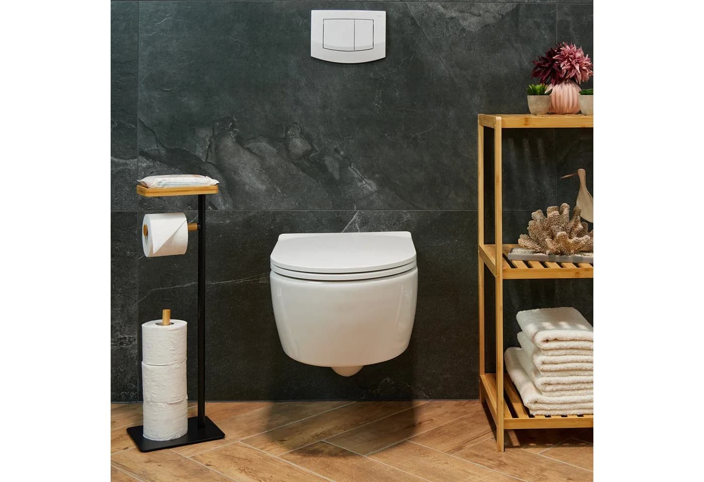 relaxdays Toilettenpapierhalter mit Ablage Schwarz/Bambus - Bild 5