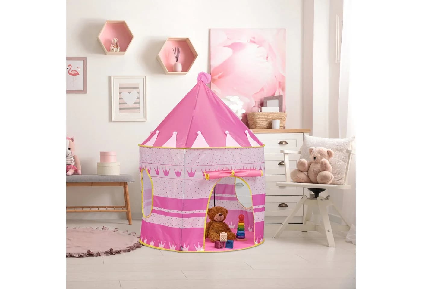 relaxdays Spielzelt Prinzessin Schlossturmdesign Rosa/Gelb