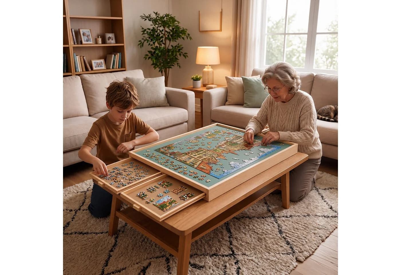 relaxdays Puzzletisch mit 4 Schubladen, Kiefernholz - Bild 5