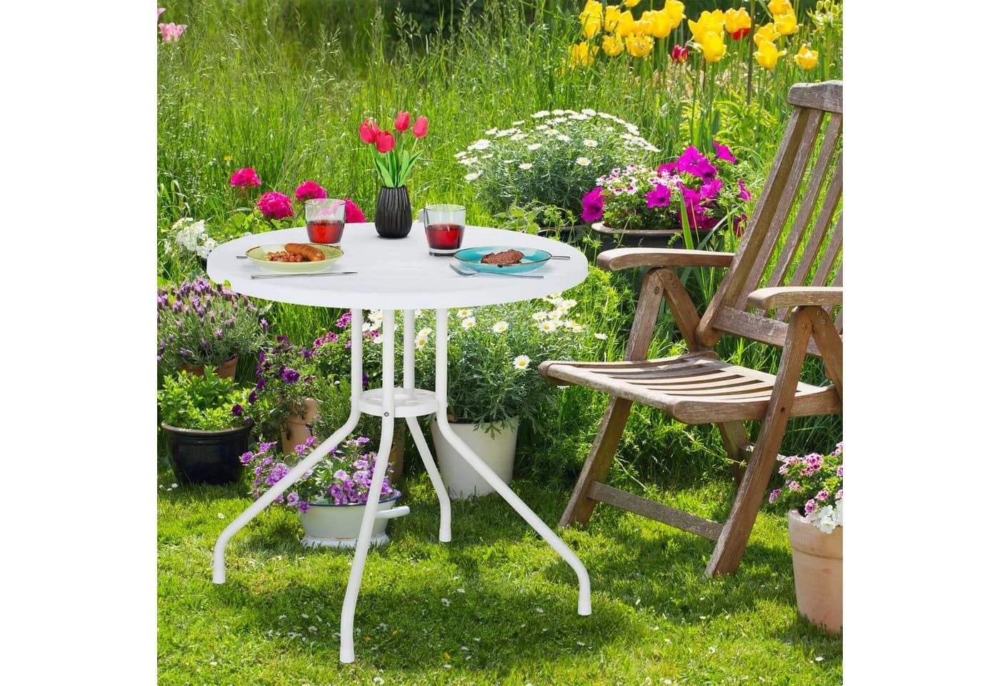 relaxdays Gartentisch Weiß Holz Optik Kunststoff Stahl