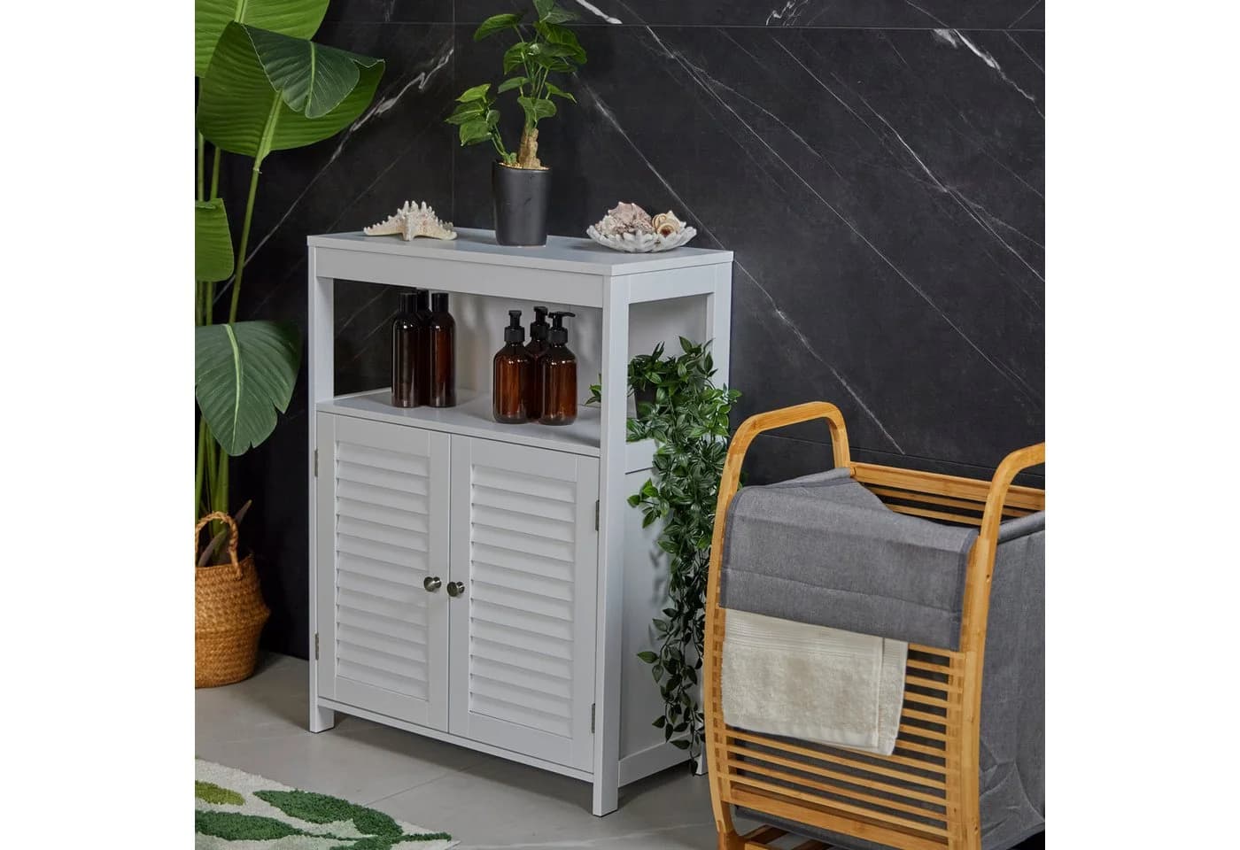 relaxdays Beistellschrank Weiß Badschrank mit Lamellentüren