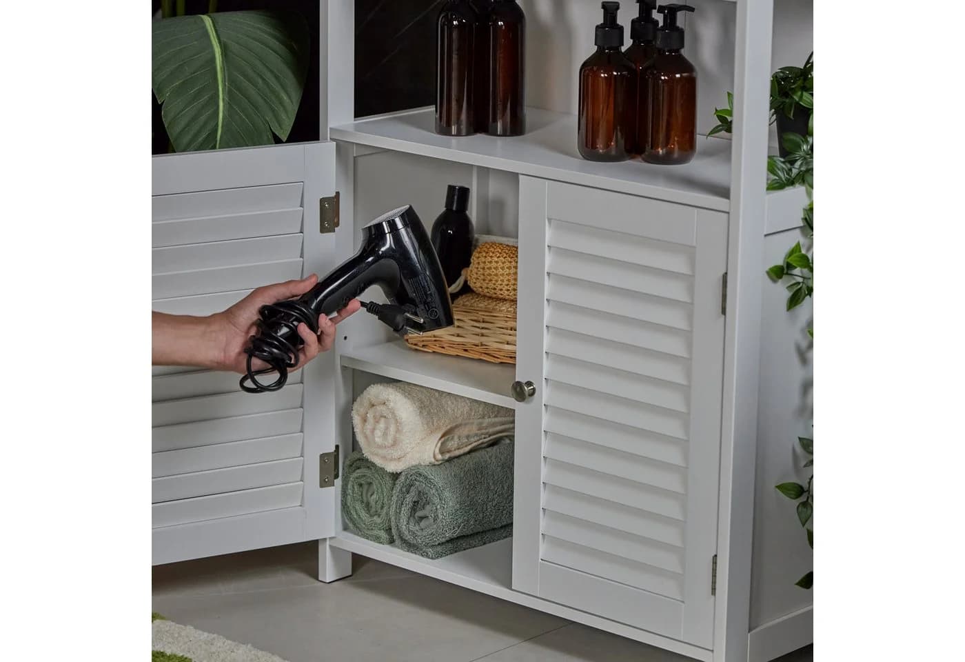 relaxdays Beistellschrank Weiß Badschrank mit Lamellentüren - Bild 3