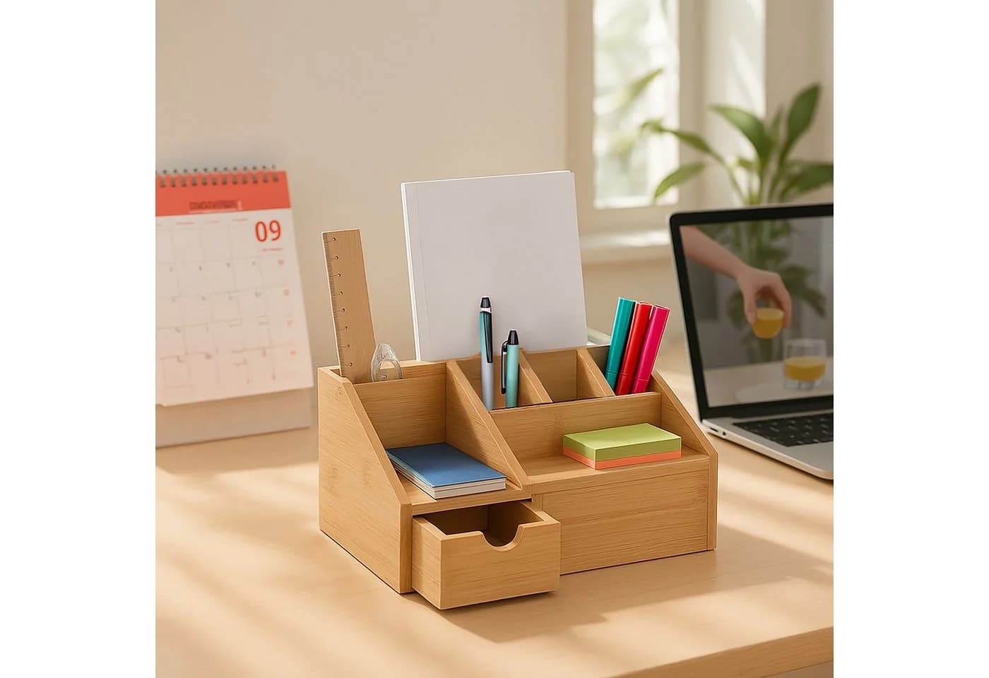 relaxdays Schreibtisch Organizer mit Schublade Bambus Braun