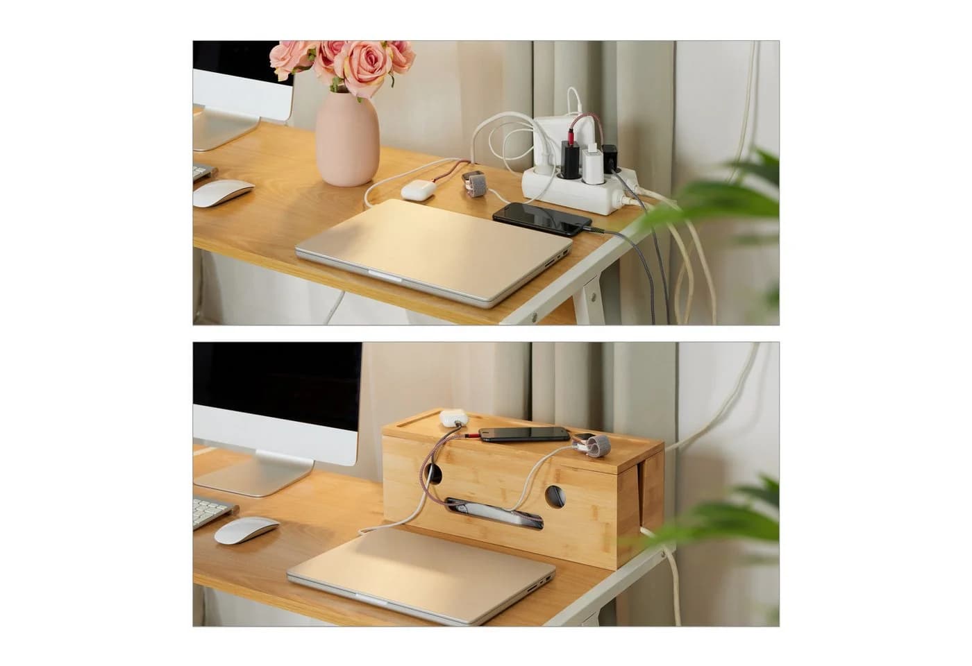 relaxdays Kabelbox aus Bambus - Kabelmanagement Box mit Magnetverschluss